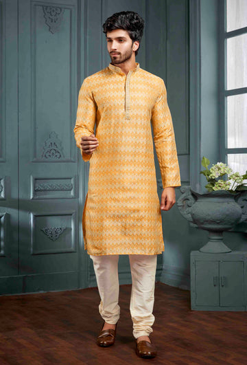 Men Orange Self Design Jacquard Kurta Pyjama