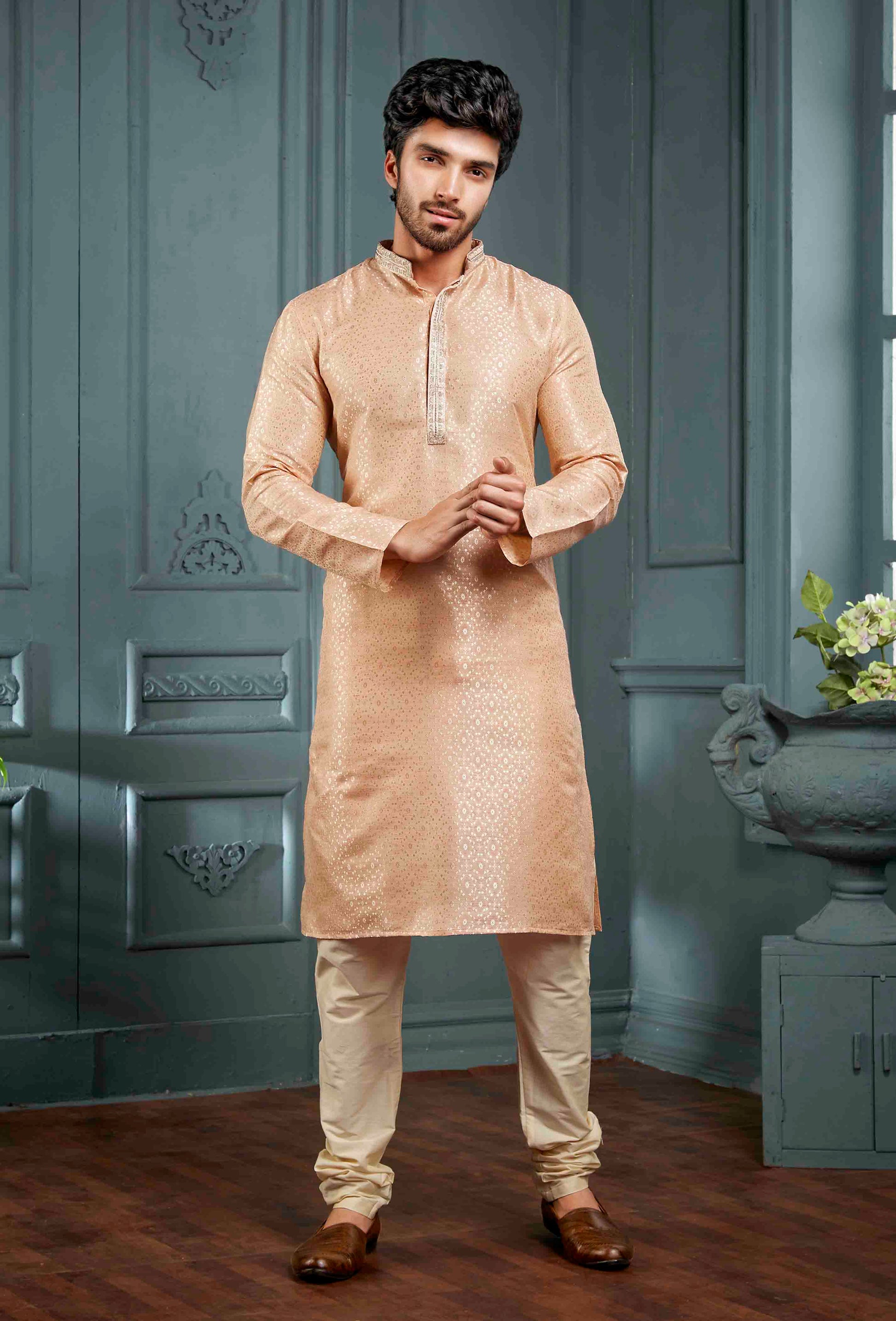 Men Peach Self Design Jacquard Kurta Pyjama