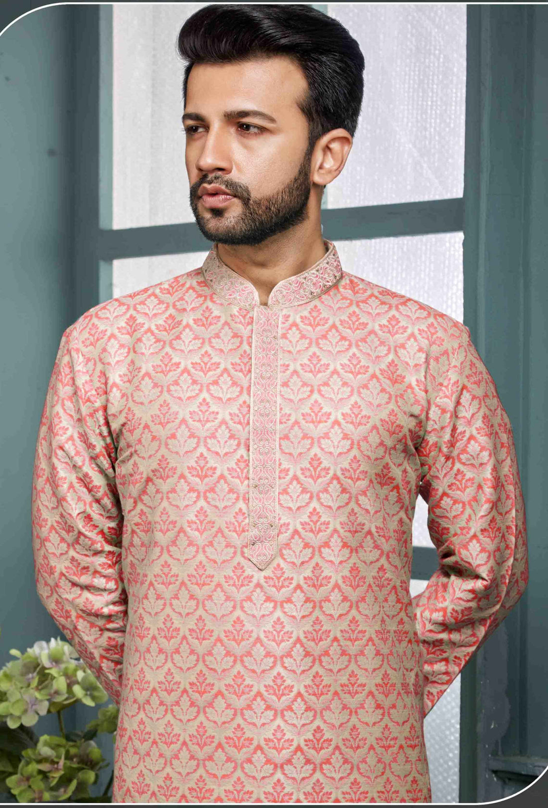 Men Pink Paisley Jacquard Kurta Pyjama