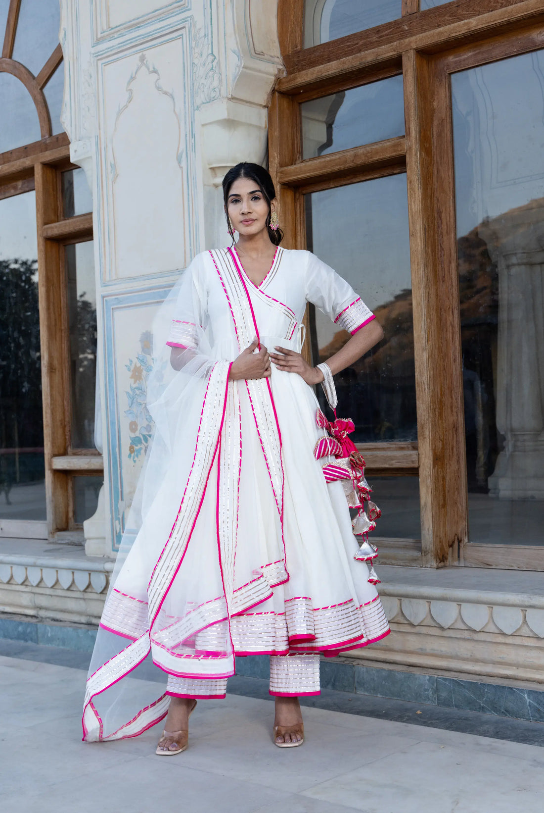 POMCHA JAIPUR'S PINK LILLY OFF WHITE ANGRAKHA SET  - RENT