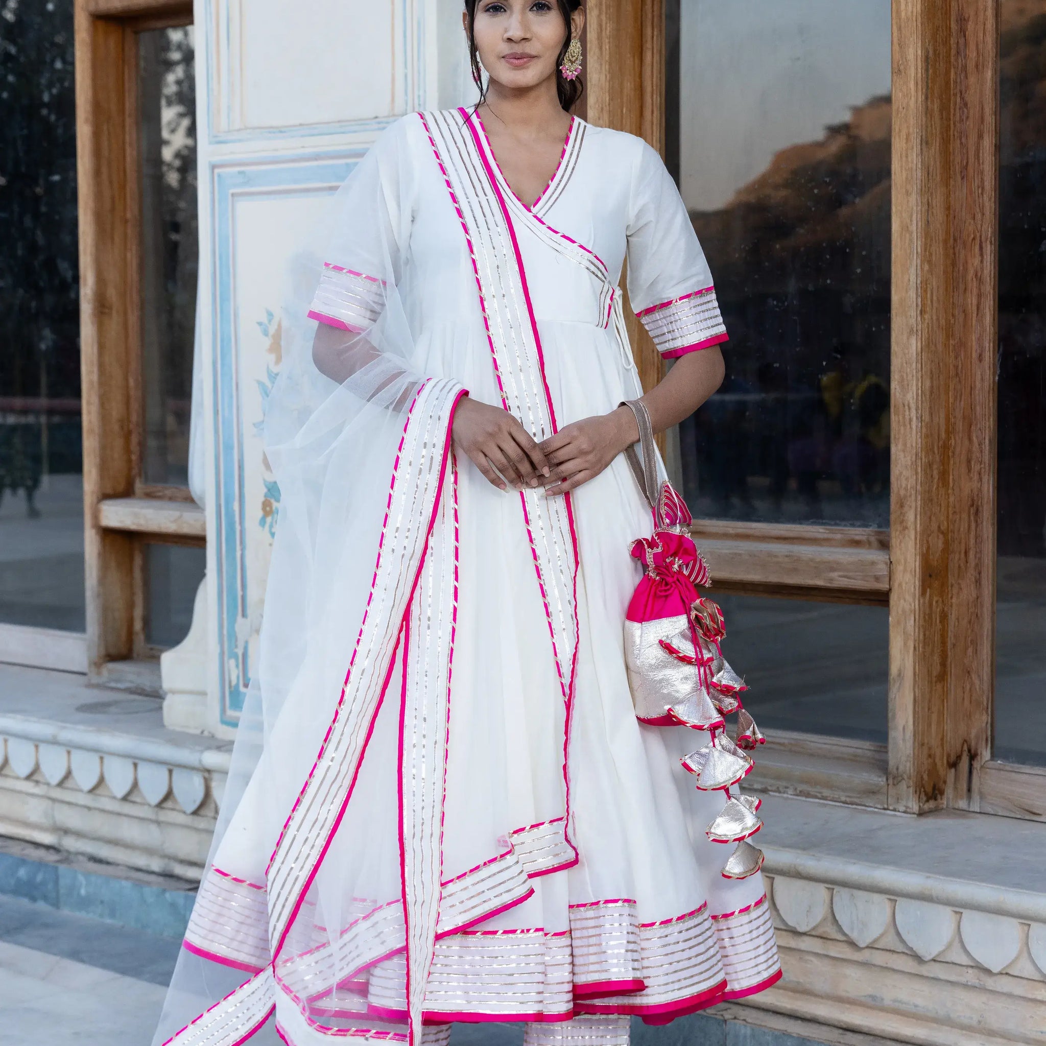 POMCHA JAIPUR'S PINK LILLY OFF WHITE ANGRAKHA SET  - RENT