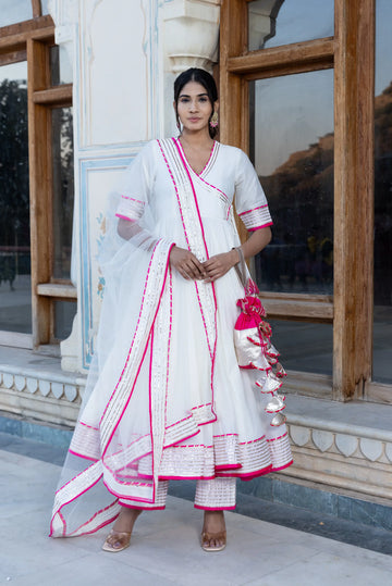 POMCHA JAIPUR'S PINK LILLY OFF WHITE ANGRAKHA SET  - RENT