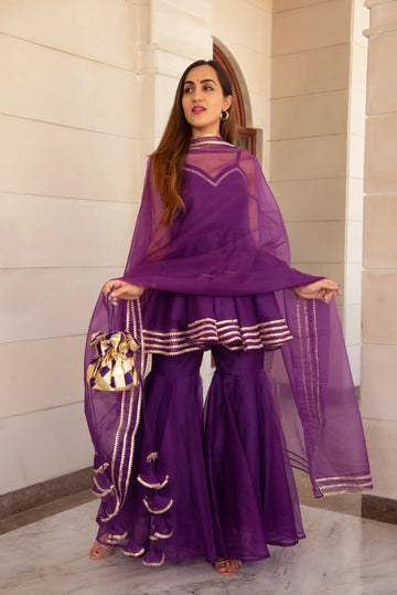 POMCHA JAIPUR'S MASAKALI PURPLE ORGANZA SHARARA SET - RENT