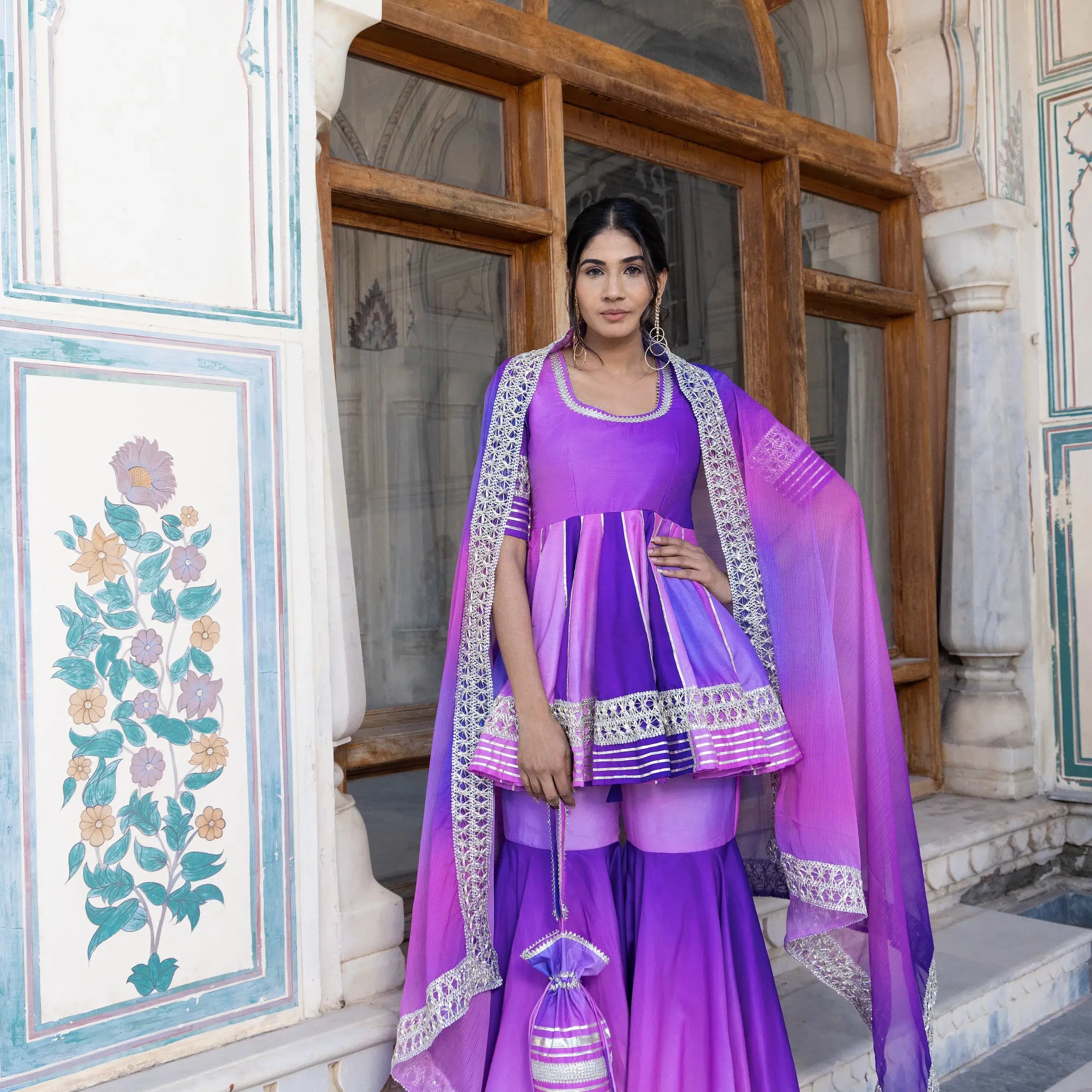 POMCHA JAIPUR'S PURPLE OMBRE MUSLIN SHARARA SET - RENT