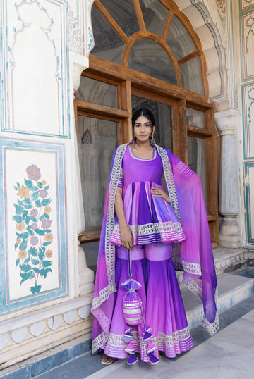 POMCHA JAIPUR'S PURPLE OMBRE MUSLIN SHARARA SET - RENT