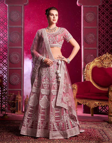 Pink Net Sequins Embroidered Lehenga Choli & Dupatta