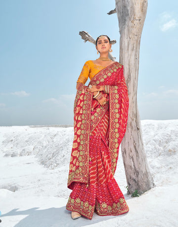 Radiant Red Pure Georgette Bandani Patola Saree with Zari Weaving & Exquisite Heavy Work