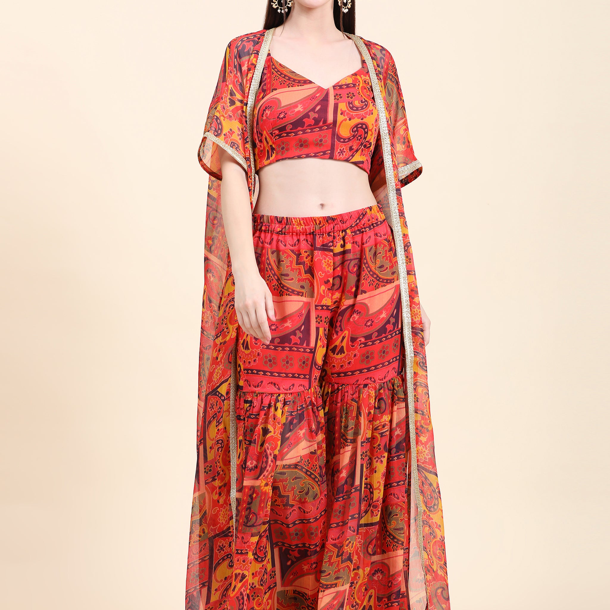 Miracolos Printed Chiffon Red base Blouse Cape Sharara  Set - rent