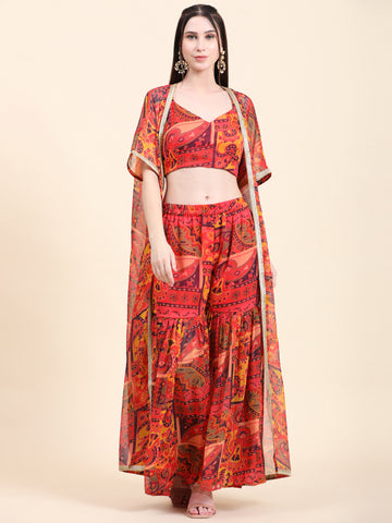 Miracolos Printed Chiffon Red base Blouse Cape Sharara  Set - rent