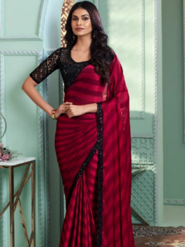 Red Satin Silk Saree - Rent