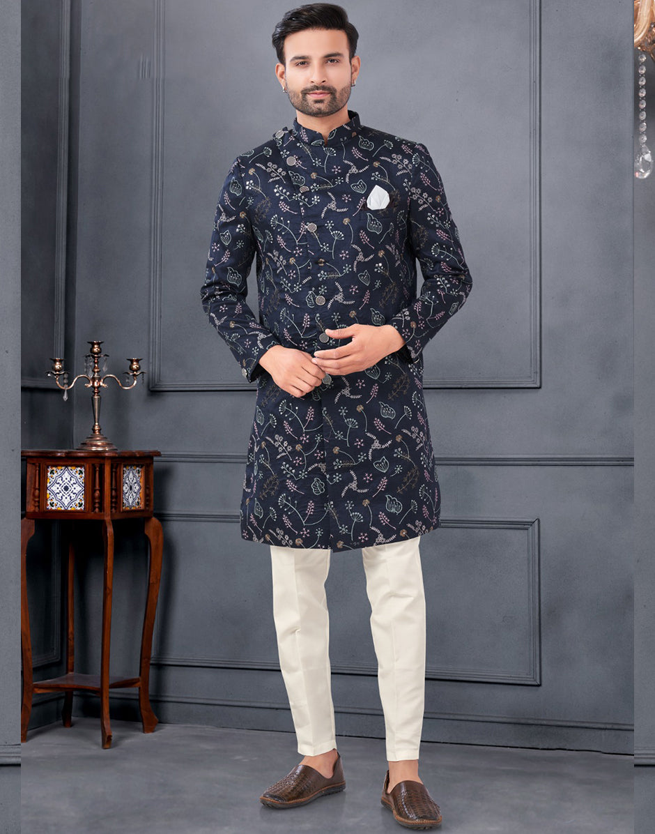 Royal Navy Floral Print Pure Silk Embroidered Indowestern Kurta Pyjama Set