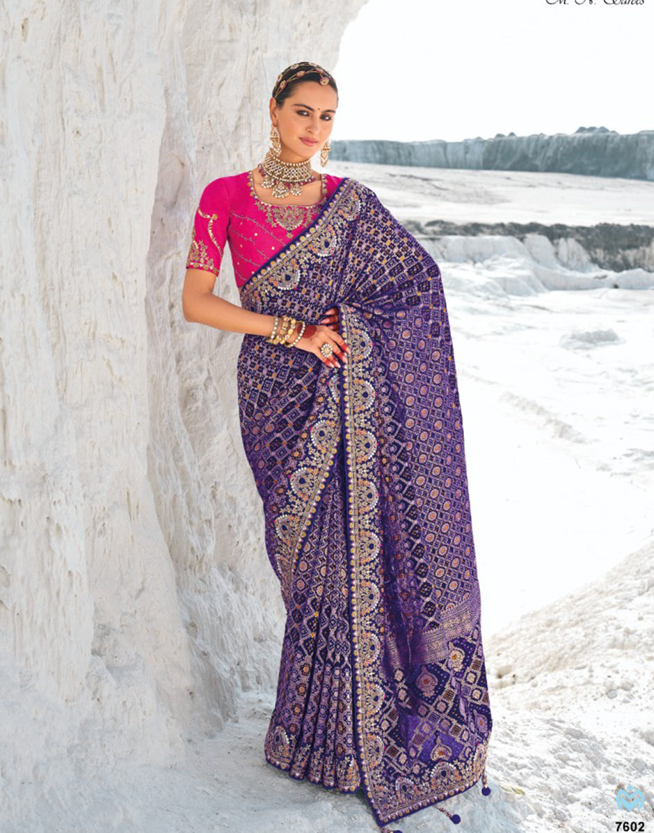 Royal Violet Pure Georgette Bandani Patola Saree with Zari Weaving & Intricate Heavy Work