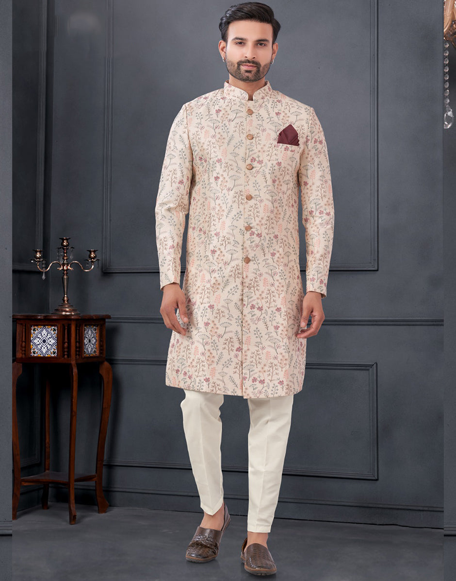 Sophisticated Beige Pure Silk Embroidered Indowestern Kurta Pyjama Set