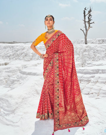 Stunning Red Pure Georgette Bandani Patola Saree with Zari Weaving & Opulent Heavy Work