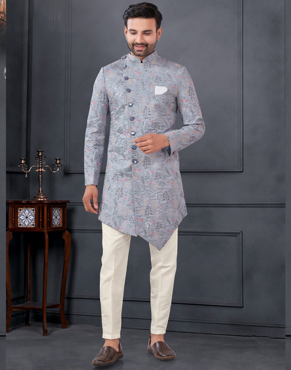 Stylish Grey Floral Print Pure Silk Embroidered Indowestern Kurta Pyjama Set