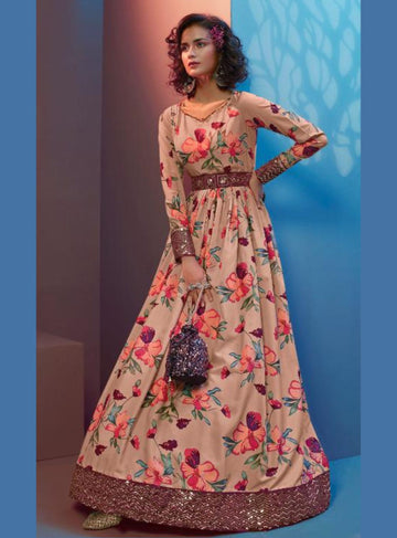 CREPE SILK PEACH FLORAL PRINT GOWN - RENT