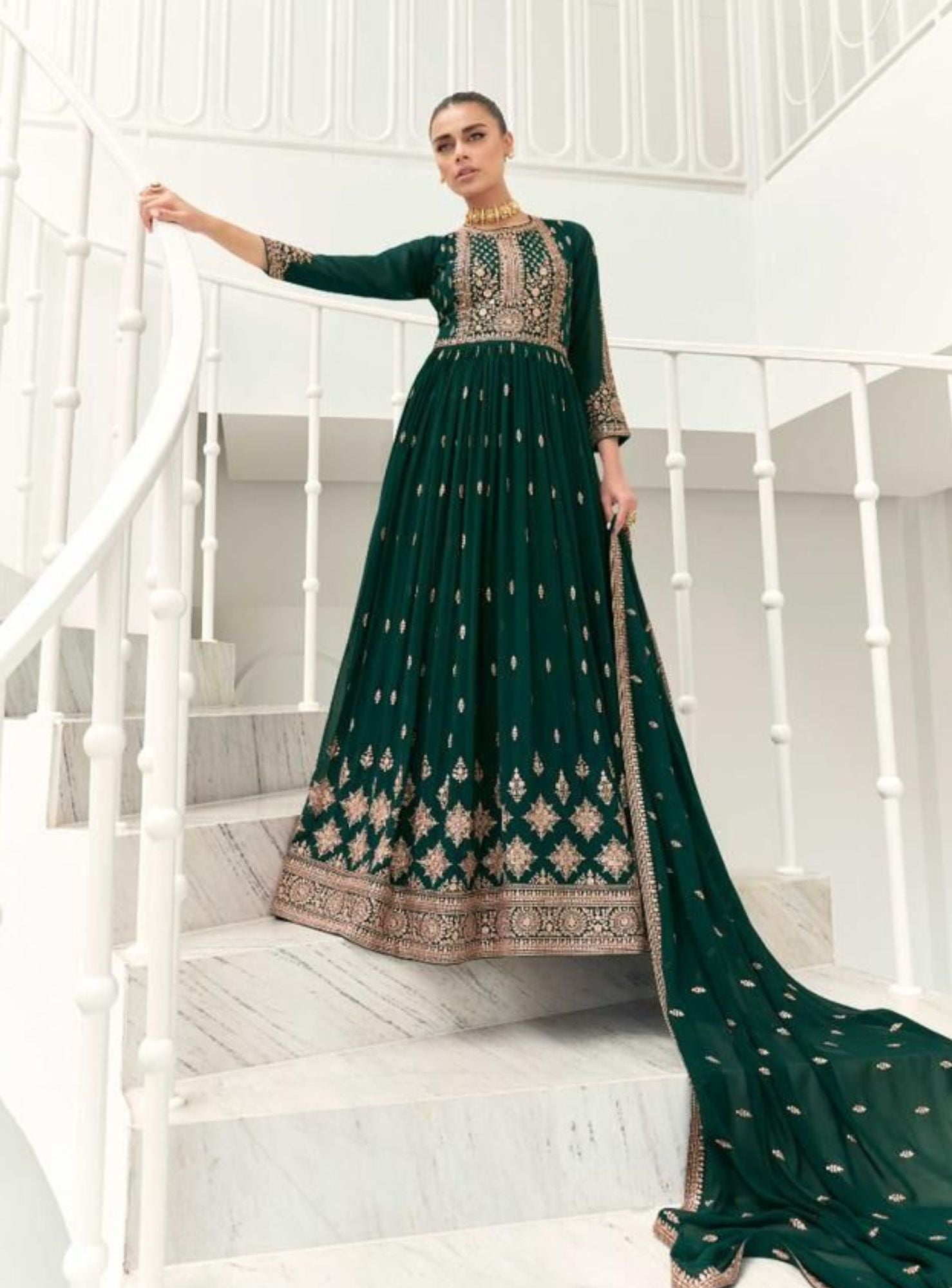 DEEP GREEN FLOOR LENGTH ANARKALI SET - RENT