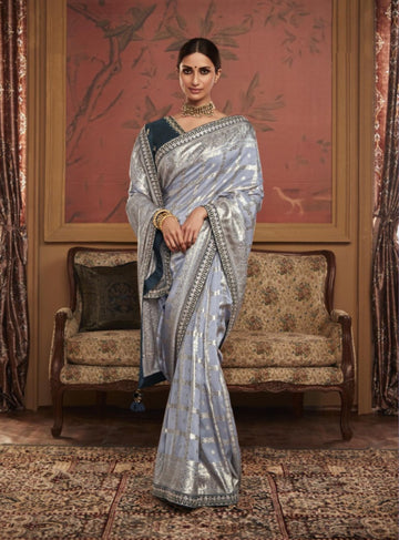 SILVER DESIGNER EMBROIDERY SAREE - RENT