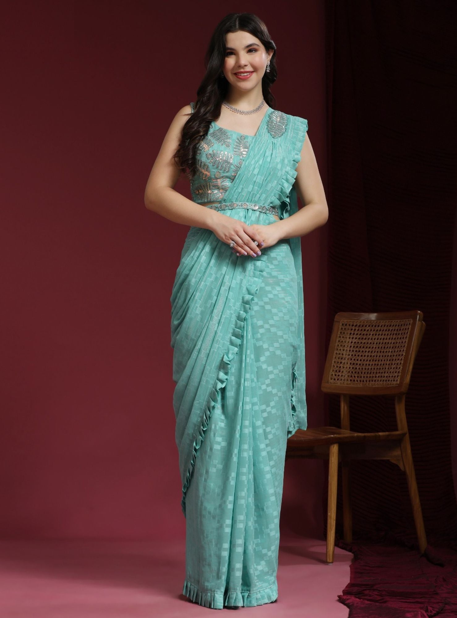 JACQUARD SHIMMER SAREE WITH FRILL BORDER - RENT