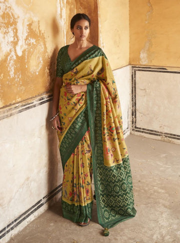 Yellow Ikat Print Designer Saree - Rent