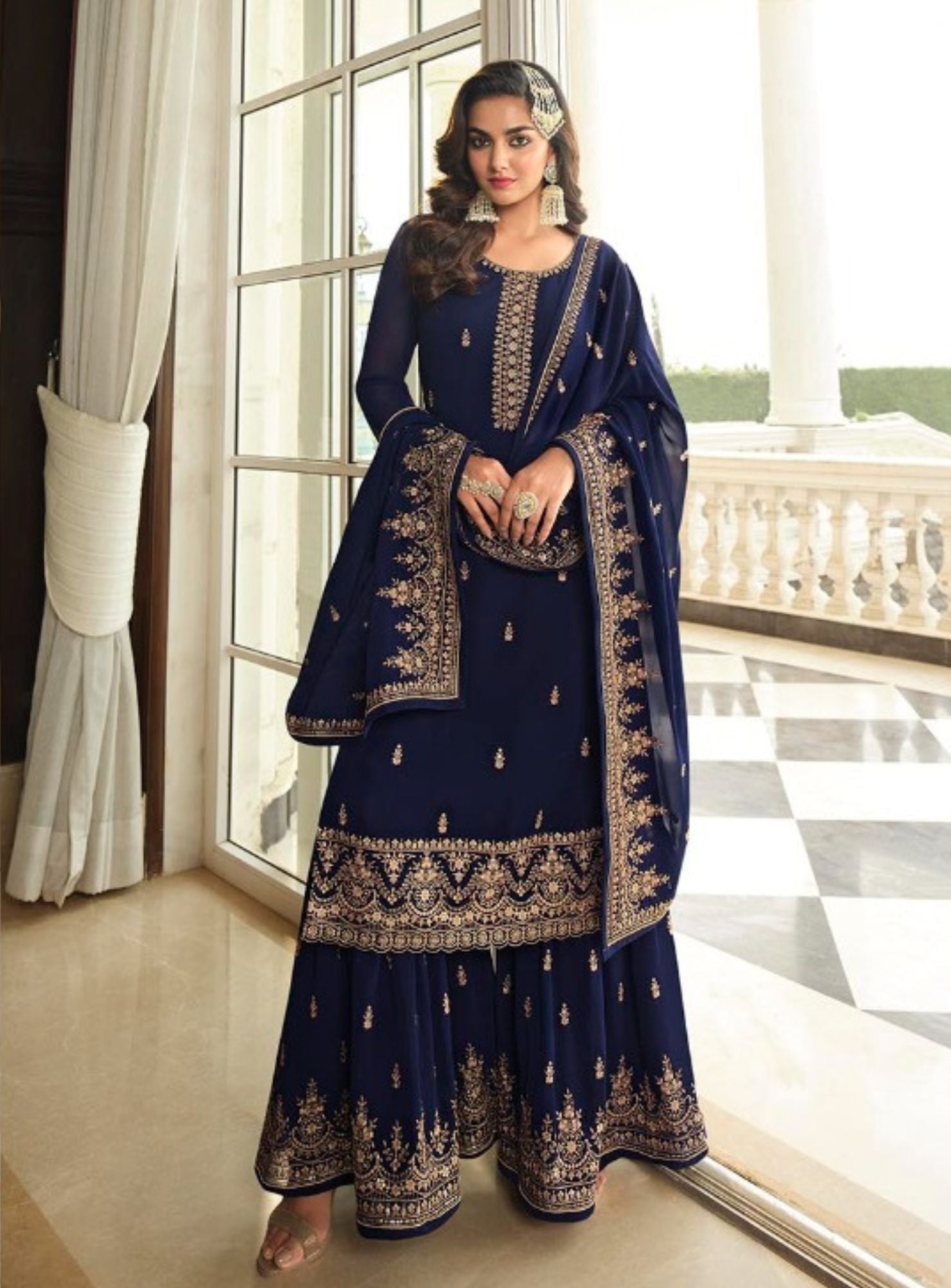 Navy Blue Long Kurta Georgette Sharara Set - Rent