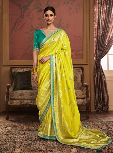 LEMON YELLOW EMBROIDERY SAREE - RENT