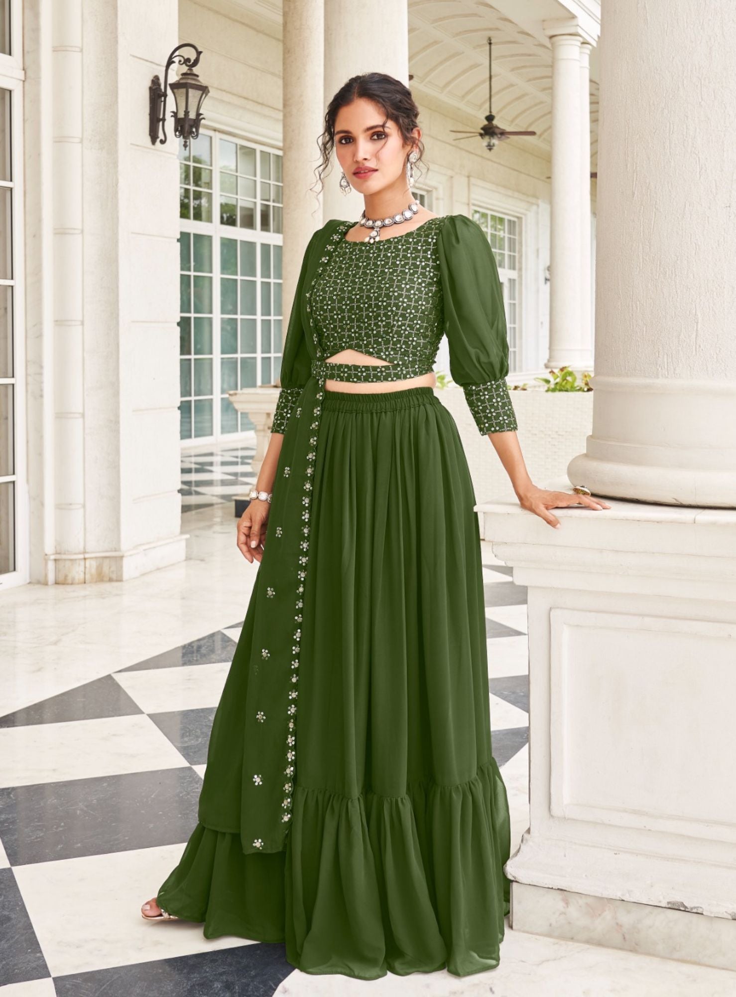 Trendy And Elegant Green Georgette Lehenga Set - Rent