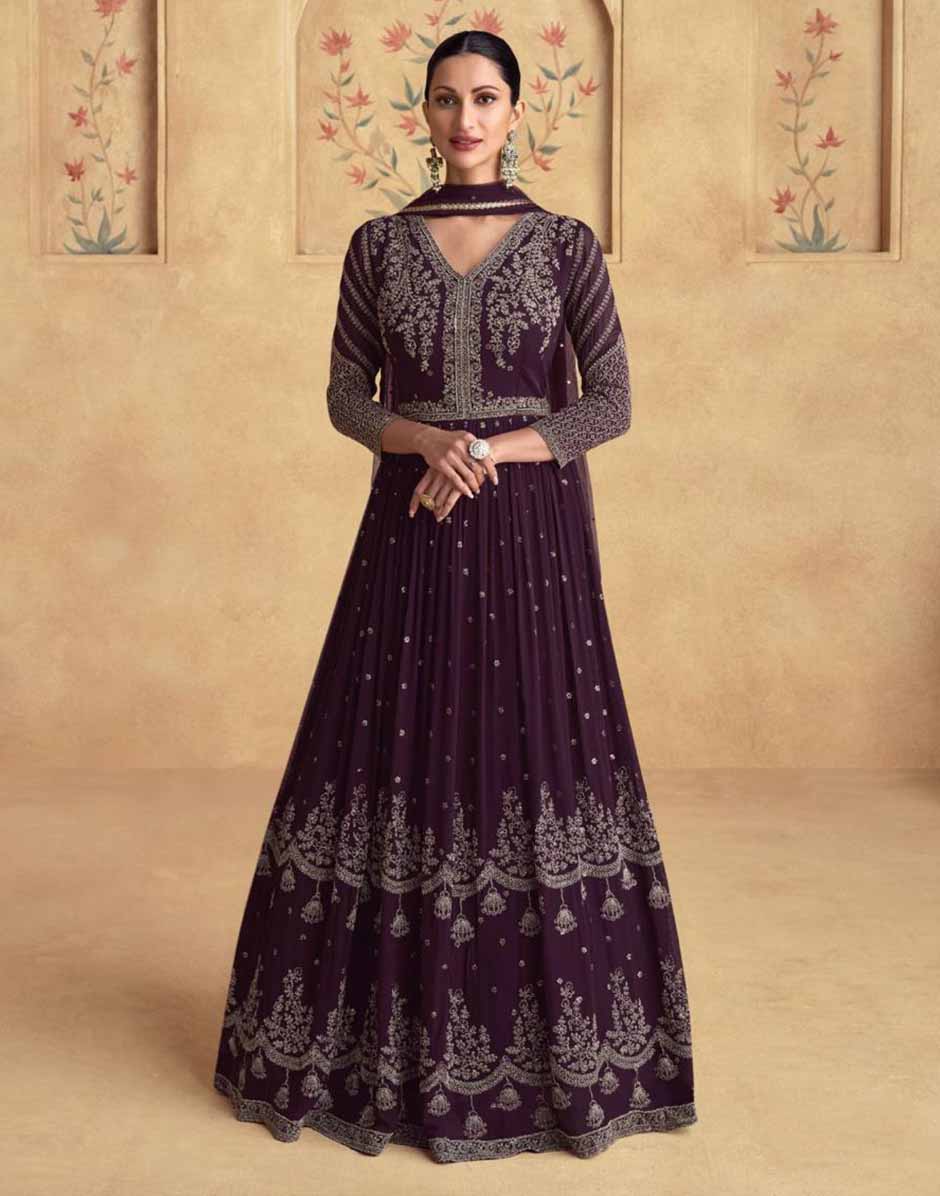 Wine Embroidered Anarkali Kurta and Dupatta Set