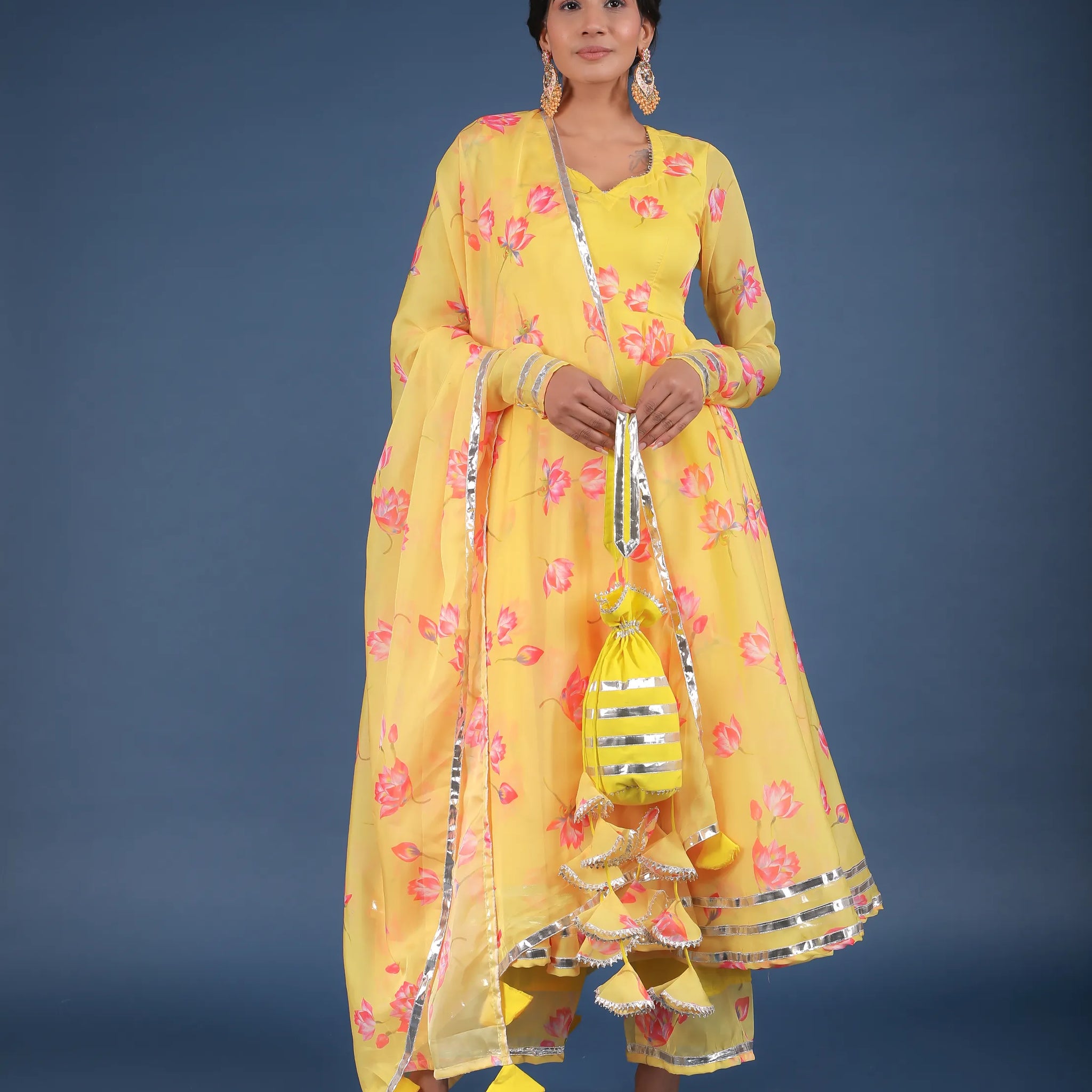 POMCHA JAIPUR'S YELLOW OLEANDER ORGANZA ANARKALI - RENT