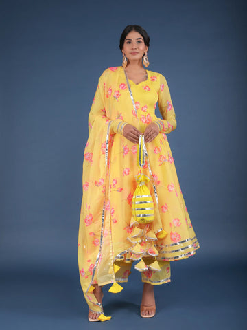 POMCHA JAIPUR'S YELLOW OLEANDER ORGANZA ANARKALI - RENT