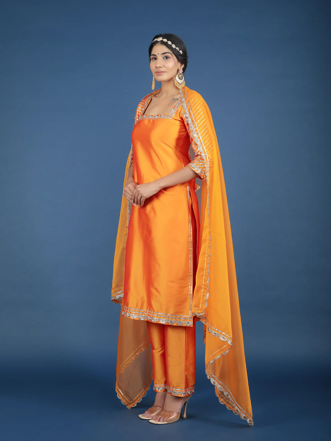 POMCHA JAIPUR'S ZOYA ORANGE TAFFETA SILK SUIT SET - RENT