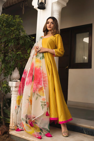 Pomcha Jaipur'S Sunflower Cotton Silk Yellow Anarkali-Rent