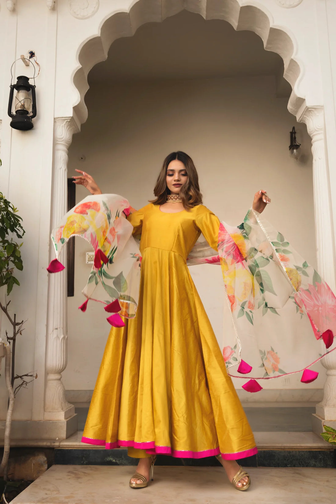 Pomcha Jaipur'S Sunflower Cotton Silk Yellow Anarkali-Rent