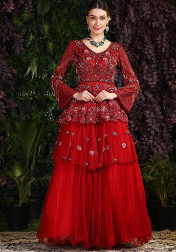 Miracolos By Ruchi's Elegant Red colored Embroidered Kurta-Lehenga with Dupatta  - Rent