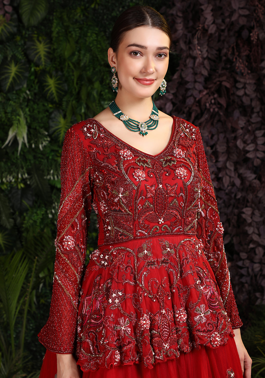 Miracolos By Ruchi's Elegant Red colored Embroidered Kurta-Lehenga with Dupatta  - Rent