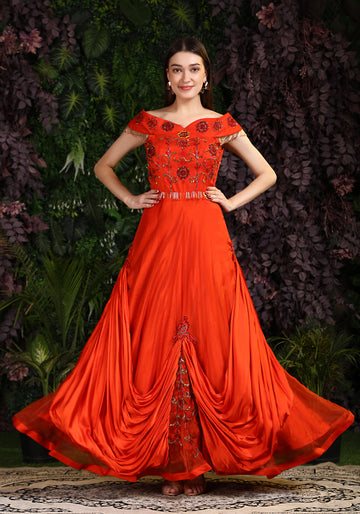 Miracolos By Ruchi's Classy Orange colored Organza Gown  - Rent