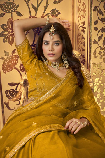 Yellow Lino Silk Semi Stitched Lehenga - Rent