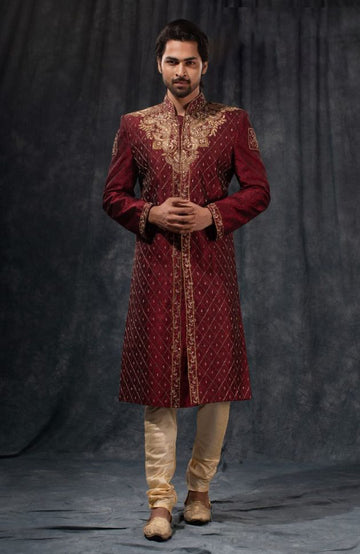 Maroon & Beige Zardosi Embroidered Wedding Sherwani - Rent