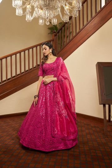 Deep Pink Artsilk Lehenga - Rent