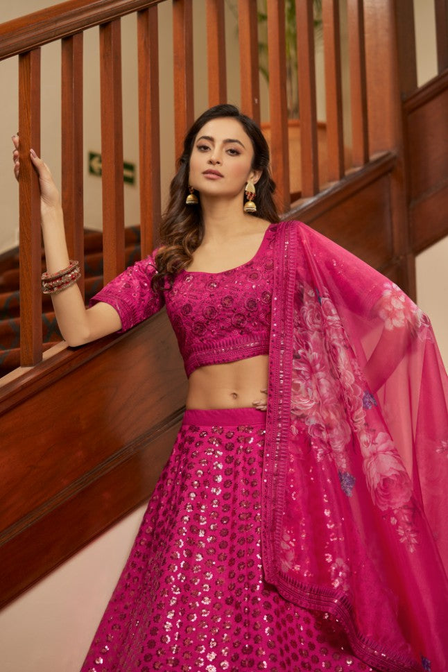 Deep Pink Artsilk Lehenga - Rent