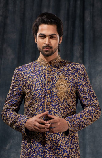 Purple and Beige Zari Embroidered Sherwani - Rent