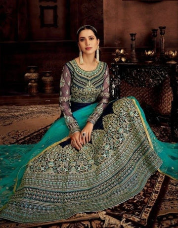 Heavy Embroidered Navy Blue Net Bridal Anarkali Suit - Rent