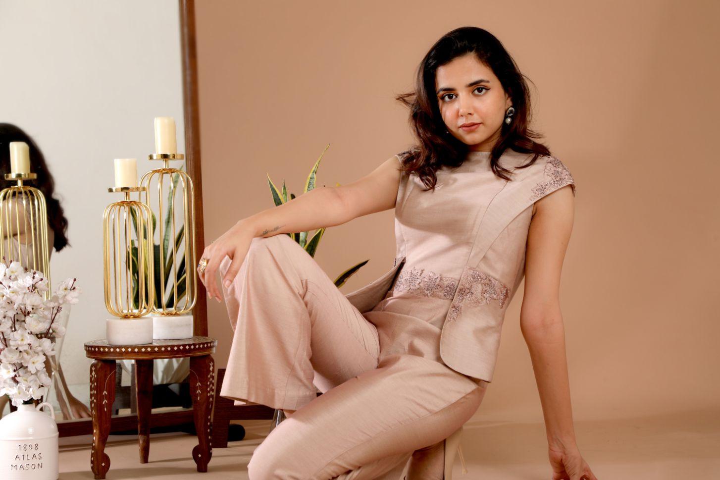 Beige Color Embroidered Party Wear Jumpsuit - Rent - Glamourental