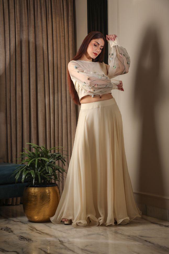 Beige Satin Organza Skirt Set - Rent - Glamourental