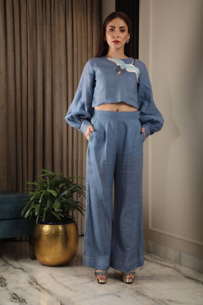 Omana by Ranjan Bothra's Blue Cotton Linen Co-Ord Set - Rent