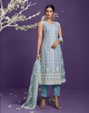 Light Blue Chikankari Net Suit - Rent