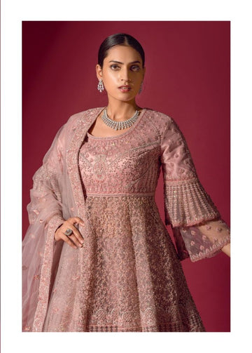 Classy Pink Embroidered Peplum Jacket Lehenga - Rent