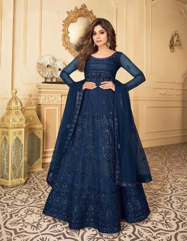 Dark Blue Embroidered Anarkali Suit with Net Dupatta for Rent - Glamourental