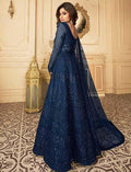 Dark Blue Embroidered Anarkali Suit with Net Dupatta for Rent - Glamourental