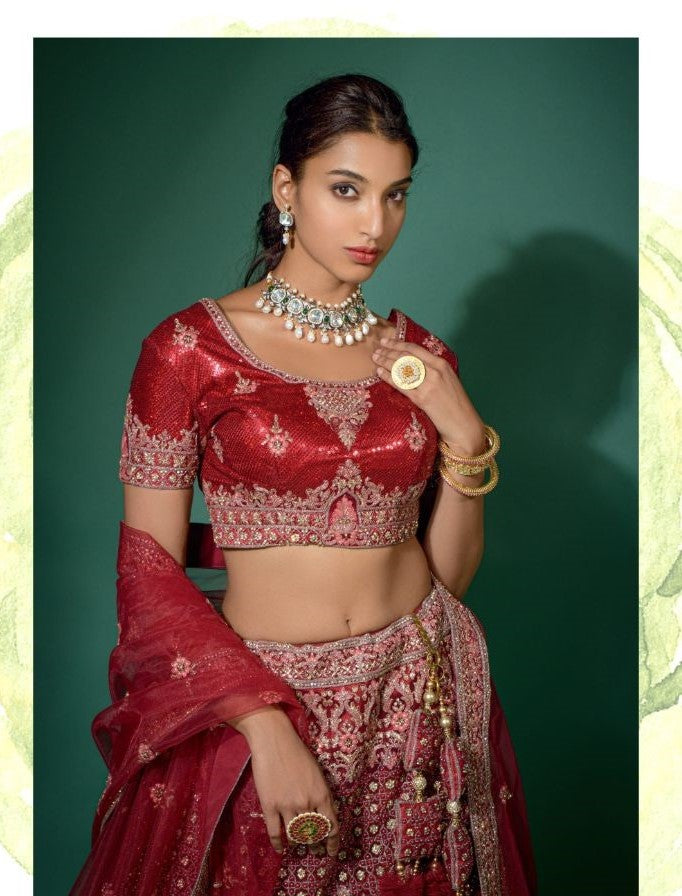 Parvati Maroon Zarkan Work Net Lehenga - Rent